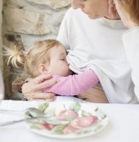 Stillendes Mädchen streichelt Mamas Brust.