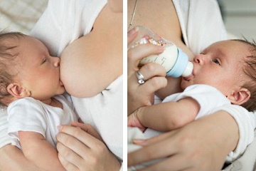 Ein Baby wird links gestillt und rechts mit der Flasche gefüttert