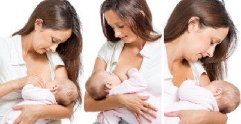 Mutter stillt ihr Baby in drei verschiedenen Positonen