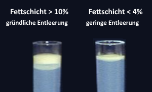 Zwei Reagenzgläser mit Muttermilch - links dicke Fettschicht, rechts dünne Fettschicht