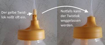 Verbindung zwischen Schlauch und Flasche beim Medela Brusternährungsset, einmal mit und einmal ohne Twistlok.