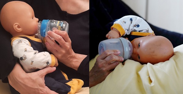 Paced Bottle Feeding - einmal aufrecht und einmal liegend auf dem Schoß