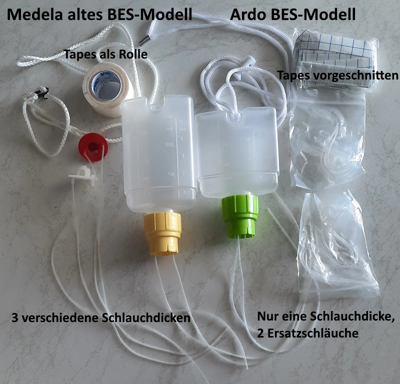Die Teile des Brusternährungssets von Medela (altes Modell) und Ardo